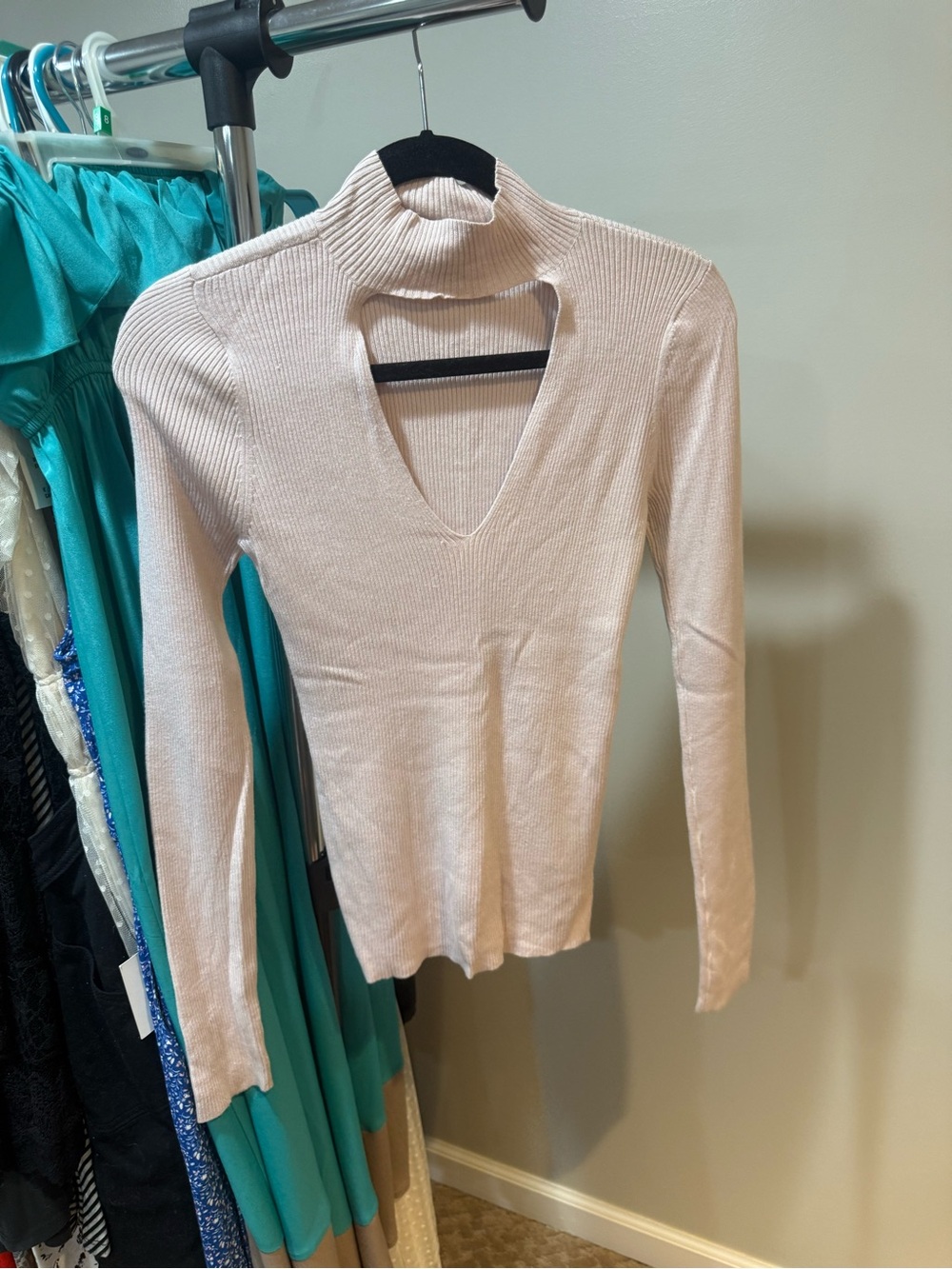 Express Light Pink Cutout Ribbed Turtleneck Sweater
